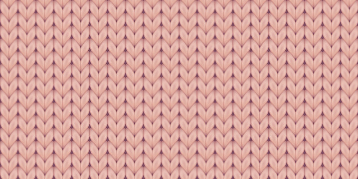 Knitted realistic seamless background of pink color. Knitting vector pattern. Vector knit texture for background.