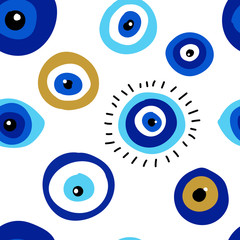 Seamless pattern with evil eyes, different talismans in hand drawn flat design, contemporary modern trendy style