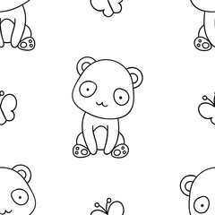 Simple seamless pattern, black and white cute kawaii hand drawn panda doodles, coloring pages