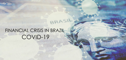 financial crisis in brazil due to the coronavirus pandemic, detail of one hundred reais bank note with text on the current crisis of the brazilian government.
