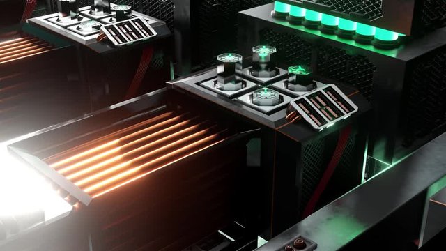 A scifi factory full of glowing nuclear reactors, refiners and machines and control panels.