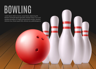 Bowling banner template with white pins and red ball on wooden lane.