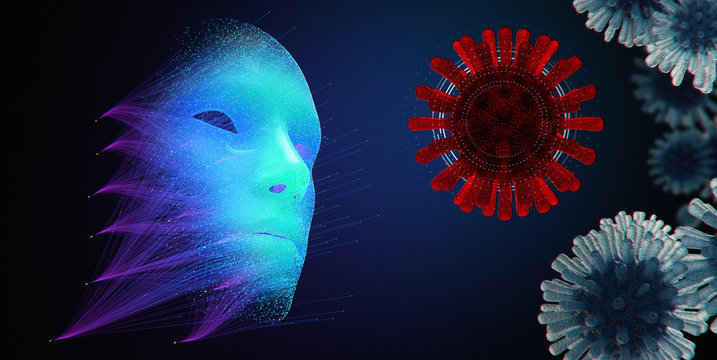 Artificial Intelligence Vs COVID19, Abstract Concept Of Fighting Coronavirus Global Pandemic With AI Machine Learning, 3d Illustration