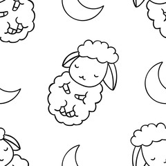 Simple seamless pattern, black and white cute kawaii hand drawn sheep doodles, coloring pages
