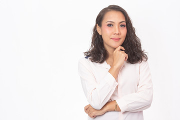 Obraz premium Curly hair woman with a pastel pink shirt