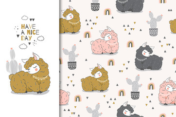 Cartoon baby lama card and seamless pattern. Hand drawn