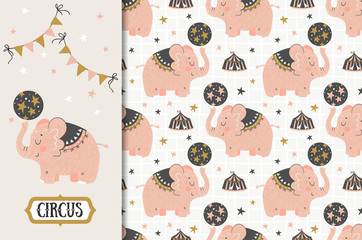 Cartoon circus baby elephant card and seamless pattern set. Hand drawn animal illustration. Jungle animals and background. © TheBlackRabbit
