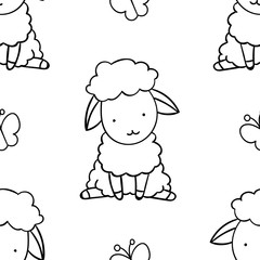 Simple seamless pattern, black and white cute kawaii hand drawn sheep doodles, coloring pages