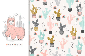Cute cartoon baby lama with cacti card and seamless pattern set.  © TheBlackRabbit