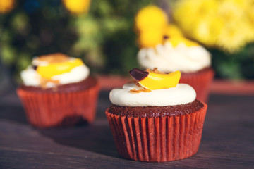 Cupcakes with cream and candy. Delicious Easter cupcakes on table. Tasty chocolate cupcakes. Holiday Easter card.