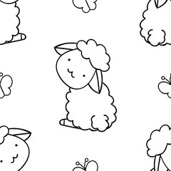 Simple seamless pattern, black and white cute kawaii hand drawn sheep doodles, coloring pages
