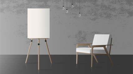Easel and white stylish armchair. Wooden easel. Concrete gray wall. Realistic vector illustration.