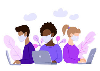 multinational team in face mask, online assistant at work. promotion in the network. remote work, searching ideas, solutions, working together on laptop in the company, quarantine from coronavirus