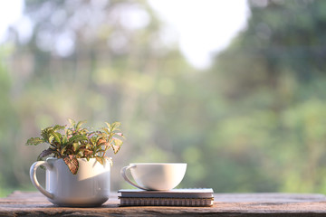 Spiral notebook and white coffee cup with red plant Nerve plant in small cup pot on wooden table at outside