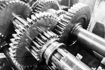 Gears in a mechanical gearbox, teamwork concept, dependence on each other.