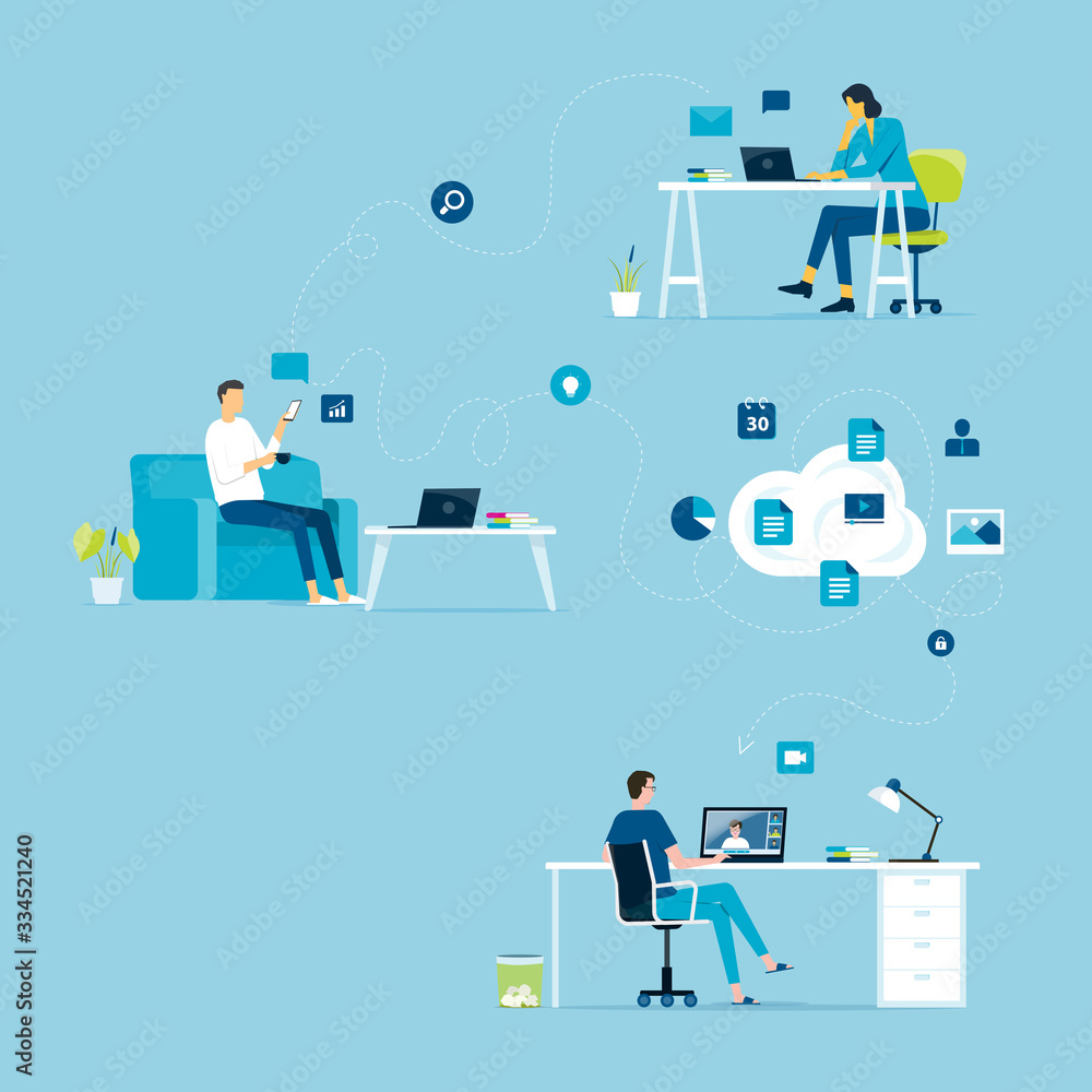 Poster flat vector work from home workplace concept and business smart working online connect anywhere  concept