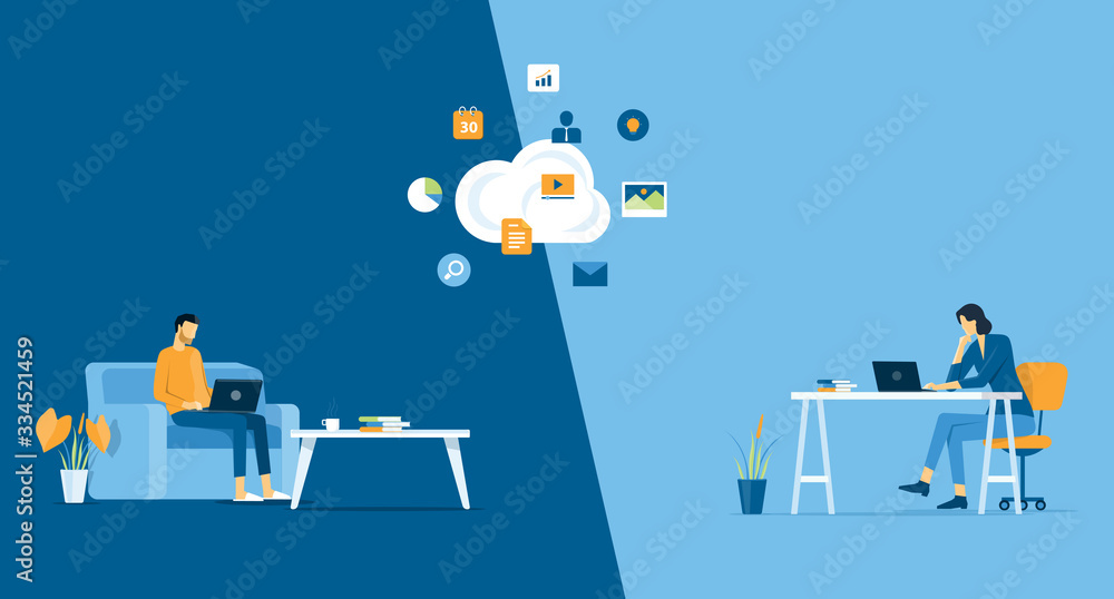 Poster flat vector work from home workplace concept and business smart working online connect anywhere  concept