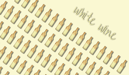 Pattern from bottles of white wine is filled with wooden corks. Creative background with text "white wine" and hard shadow.