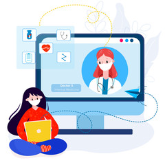 Telemedicine with Doctor. Virtual doctor meeting with patient from home for therapy, diagnose, pills. Online consultation with your doctor during pandemic. Stay at home during quarantine.