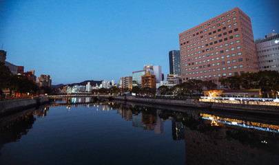 Obraz premium Hiroshima, Japan - January 09, 2020: Panoramic View to the Evening City