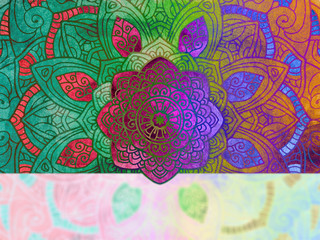 Mandala, tracery round boho background. Ethnic ornament. Folk, meditation design. Colored curved shape.