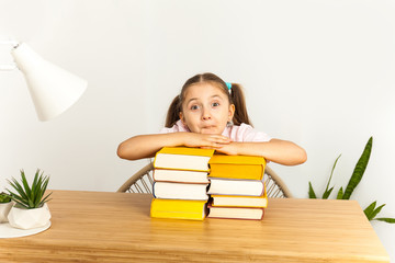 education and school concept - smiling little student girl with many books at school