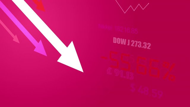4K animation : Arrow down and business finance crisis concept. money fall down symbol. arrow decrease economy stretching rising drop. lost crisis bankrupt declining. cost reduction. loss of income.