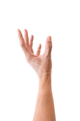 Isolated hand reaching up for something on white background.