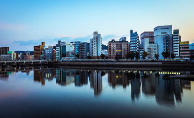 Fototapeta na wymiar Hiroshima, Japan - January 09, 2020: Panoramic View to the Evening City