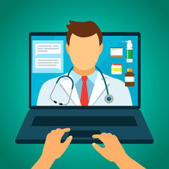 Online doctor consultation, online prescription and pharmacy. drug delivery via laptop.