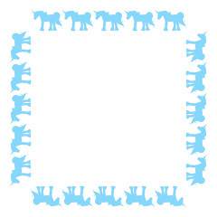 Obraz premium Square frame with interesting blue unicorn on white background. Vector image.