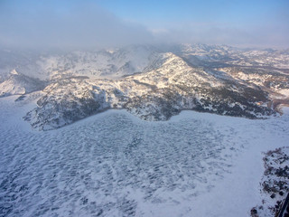 Winter view of the Zhasybay lake. Aerial view of the Bayanaul National Park.  Pavlodar region. Kazakhstan. Asia