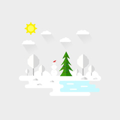 Illustration of beautiful forest, christmas tree and snowman scene. Winter landscape in flat style. Sunny day. Background. Mountains, forest, water, camping, hiking, tourism