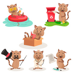Vector set of cats doing different activities. Cute cats set vector character illustration on white isolated background