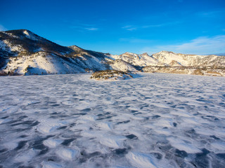 Winter view of the Zhasybay lake. Aerial view of the Bayanaul National Park.  Pavlodar region. Kazakhstan. Asia