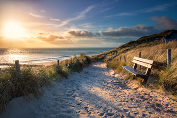 Fototapeta na wymiar evening sunshine over bench and path to sea beach