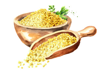 Dry millet in bowl and wooden scoop. Grain millet. Hand drawn watercolor illustration, isolated on white background