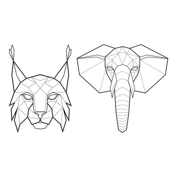 Set of two abstract heads of a lynx and elephant. Vector illustration