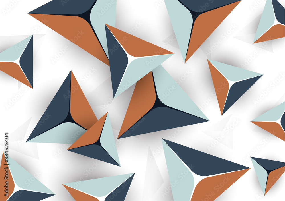 Poster abstract colorful background with geometric elements. flying pyramids, triangles. minimal cover desi