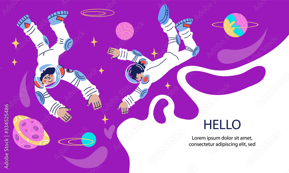 Wall mural cosmos outer space banner template with astronauts or spacemen characters. universe research, space 