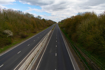 Deserted and empty A303 motorway during COVID-19 lockdown near Wincanton, Somerset in the south...