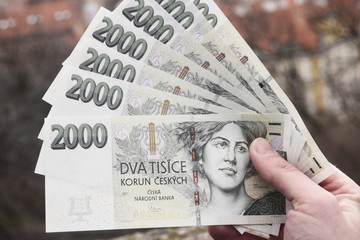 Czech money called Czech Crown in Czechia , one hundreds, two hundreds, five hundreds, one...