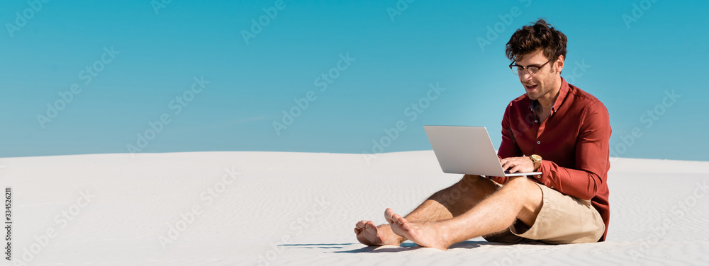 Wall mural young freelancer on sandy beach using laptop against clear blue sky, panoramic shot