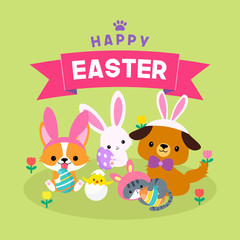 Obraz na płótnie Canvas Happy Easter Greeting Card Vector illustration. Cute pets wearing bunny costumes on spring background