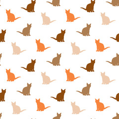 Seamless pattern with interesting orange, brown and beige cats on white background for fabric, textile, clothes, tablecloth and other things. Vector image.