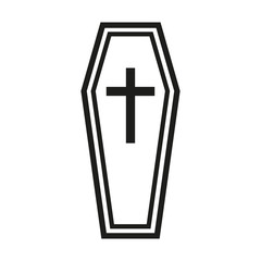 Black outline icon classical coffin with a cross a wooden casket. Vector illustration