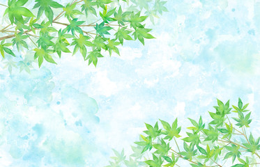 夏のイメージ、新緑のモミジのフレーム背景、水彩イラスト