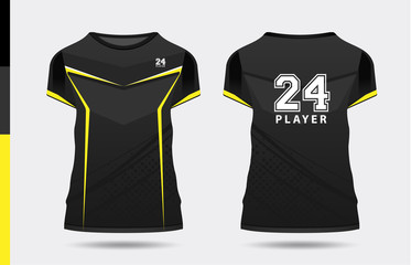 sport stylish black yellow t-shirt and apparel trendy design silhouettes, typography, print, vector illustration. Front and back view. Vector eps 10 illustration.