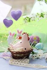  Happy Easter, colored eggs, toy chicken, twigs of blossoming cherry on the windowsill, spring, holiday decor