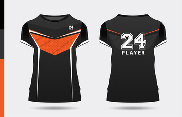 sport stylish black orange t-shirt and apparel trendy design silhouettes, typography, print, vector illustration. Front and back view. Vector eps 10 illustration.